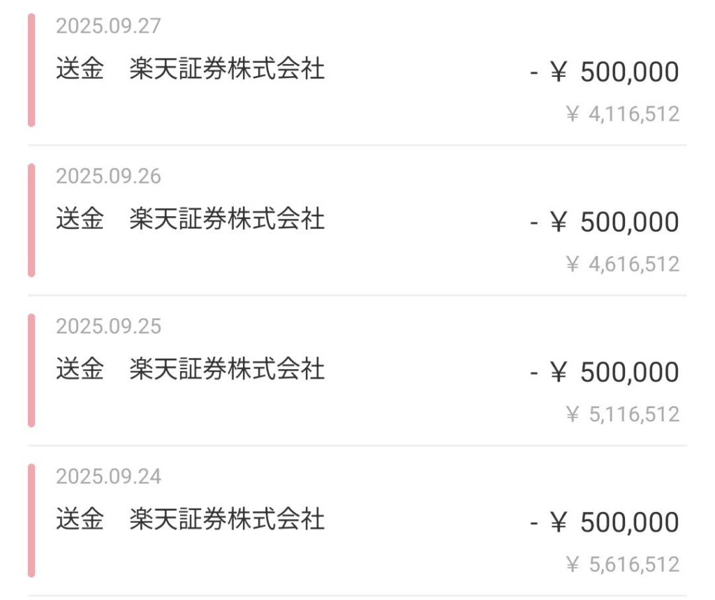 ゆうちょ銀行から楽天証券へ送金された履歴画面