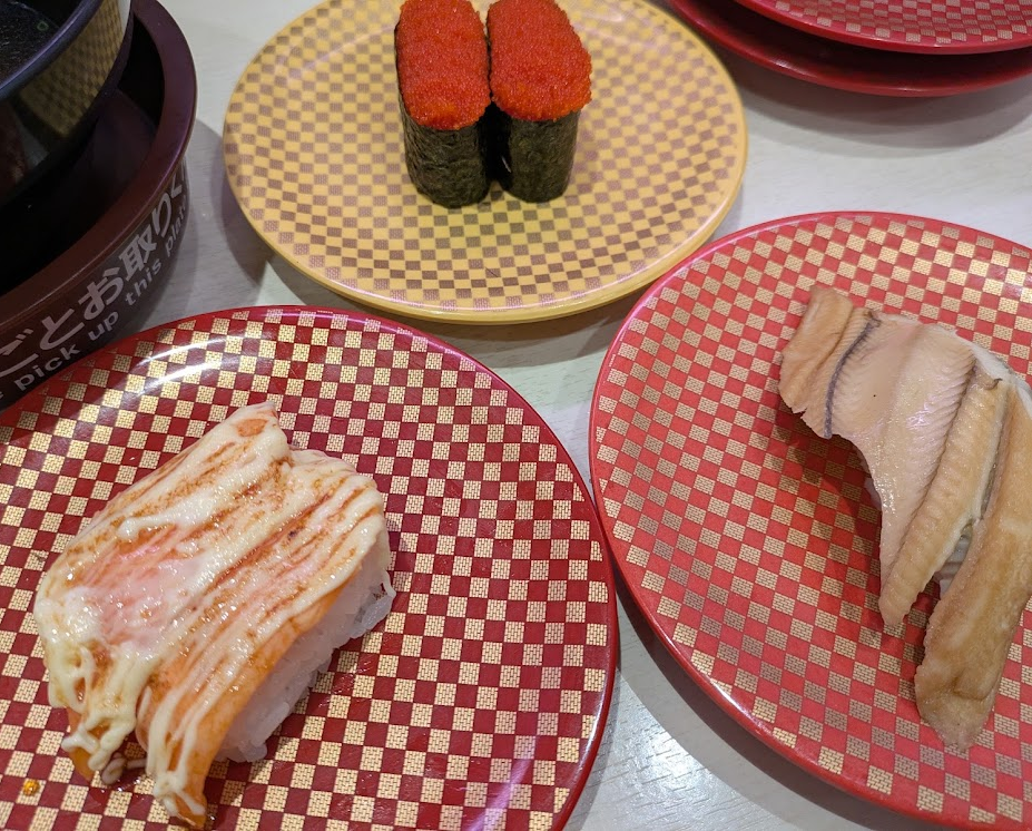 回転寿司のあなご・サーモンマヨ・ししゃもっこ